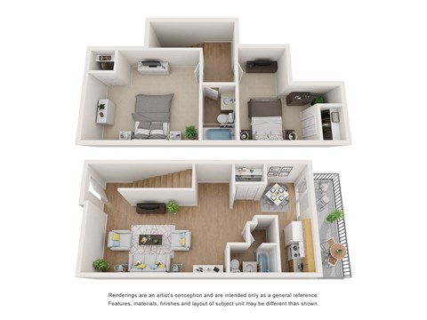 a stylized view of a 1 bedroom floor plan and a layouts of the apartment